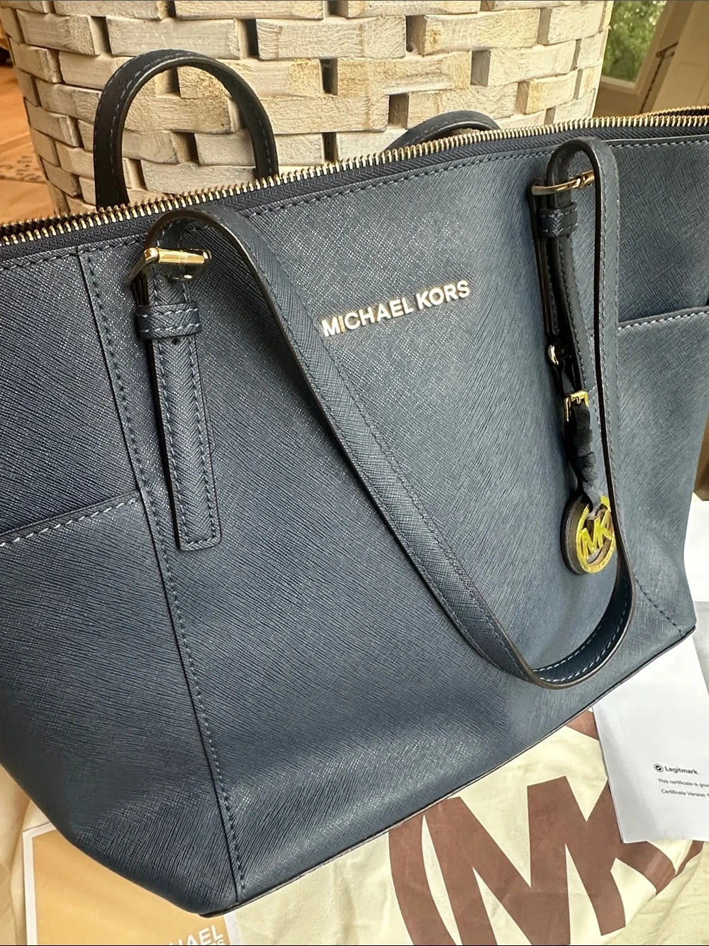 Michael Kors Navy Saffiano Tote with Gold Hardware
